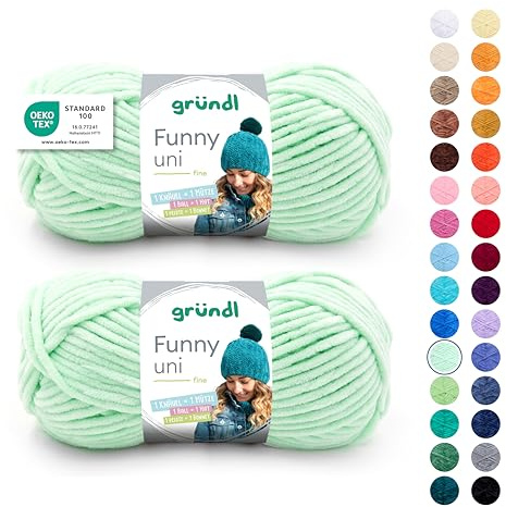 Gründl Wolle Funny uni Chenille Wolle 2 Knäuel 100 g, Pastellgrün | dicke weiche Chenille Wolle zum Häkeln - Kuschelig und hautfreundlich - 100 % Polyester - 100 g / 120 m - Nadelstärke 5 - 6