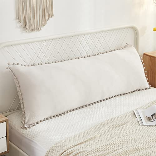 Herside Beige Body Pillowcase Cute Pom Pom Long Pillow Cover Boho Body Pillow Sham 1PC with Pocket Closure Soft Microfibre Pom Pillow Cover for Teens Adult Boys(Beige,50x137cm)