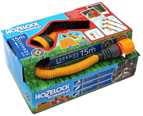 HOZELOCK - Wonderhoze Expanding Hose 15m : Flexible Hose, Stretches up to 3x Original Length | With 2 Aquastop Fittings and Multispray Gun: Ready to Use