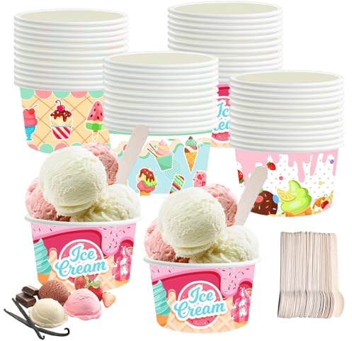 WANDGU Taza de sopa de 240 ml: vasos de papel universales respetuosos con el medio ambiente, 50 unidades de helados de cartón, vasos de yogur con cuchara, cartón kraft puro engrosado, antisuavizante