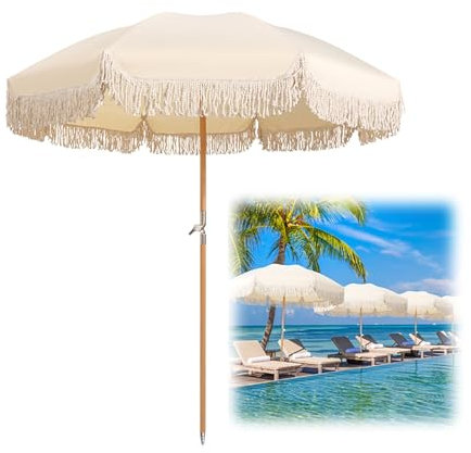 YAVYAV Boho-Strandschirm Mit Fransen, 200 Cm Großer Tragbarer Sonnenschirm LSF 50+, 8 Stabile Streben, Mit 180-Grad-Drehung, Für Strand, Terrasse, Garten Im Freien