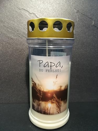 JEKA Gedenkkerze, Grabkerze Motiv: Papa - du fehlst, Brenndauer 4 Tage, 170x75mm, Wind- & Wetterfest, 100% Pflanzenöl, Golddeckel, Grablicht (1)