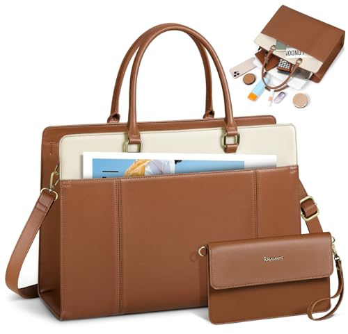 RAINSMORE Laptop Bags for Women 15.6 Inch Ladies Work Bag with Clutch | Large Laptop Tote Bags with Compartments PU Leather Handbag for Business Office School