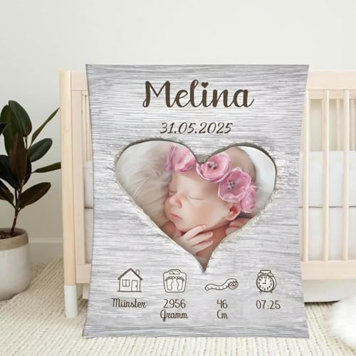 PLYIHE Personalisierte Babydecke mit Foto Namen Geburtsdatum,Baby Kuscheldecke Personalisiert Geschenk zur Geburt,Taufe Geburtstag Kuschelig Weich Baby Decke für Jungen & Mädchen