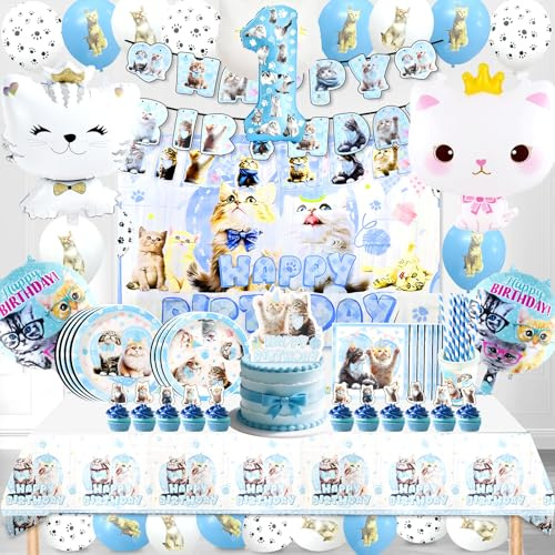 Deco Anniversaire Chat Enfant 1 An,Chat Ballon en Aluminium,115 Pcs Chat Anniversaire Vaisselle Kit avec Assiette Bannière Nappe Gâteau Deco,Chat Animaux Thème Fête Décoration Fourniture
