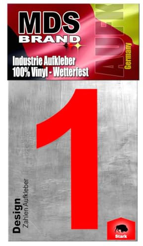 MDS Brand Design 20cm Zahlen Aufkleber | Selbstklebende Hausnummern zum aufkleben | Klebezahlen für Mülltonne, Briefkasten, Hausnummer & Auto | Optimal für Außen & Innen (Rot, 1)