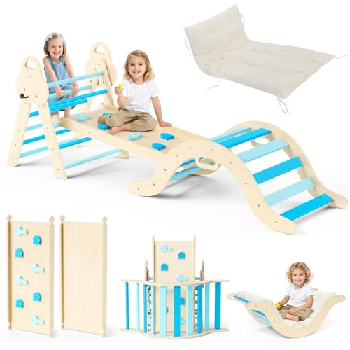 Giocattoli da arrampicata 7 in 1 per bambini,scale da arrampicata in legno,struttura da arrampicata pieghevole con scivolo,set da gioco da interno Montessori per bambini da1 a 3 anni (blu)