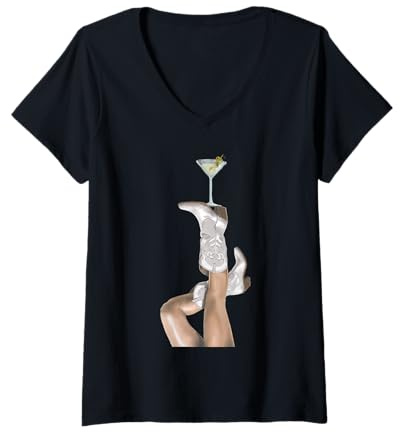 Womens Western Cowboy Boots and Martini Glass and Olives on Pink V-Neck T-Shirt