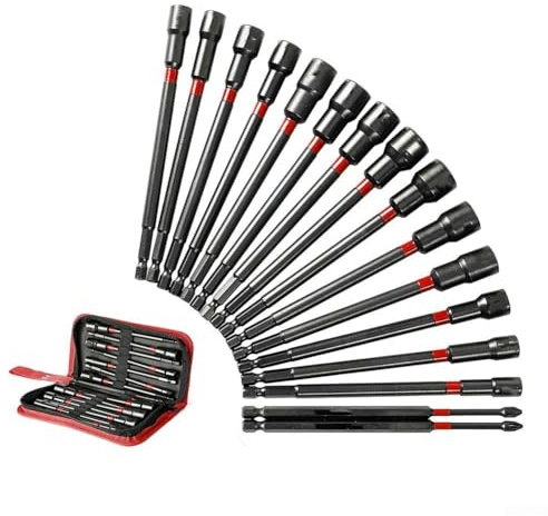 Yuanpgky Lot de 16 tourne-écrous magnétiques avec tige hexagonale de 15,2 cm de long pour perceuse, comprend 8 tailles métriques (7-14 mm) et 6 SAE (1/4-9/16) avec forets PH1 PH2, acier