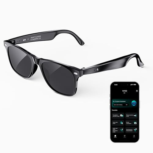 Gafas Inteligentes con Audio Bluetooth, con Altavoces de oído Abierto | Control por Voz, Traducción AI, para Mujeres y Hombres (Gafas con Montura Completa y Cristales Oscuros)