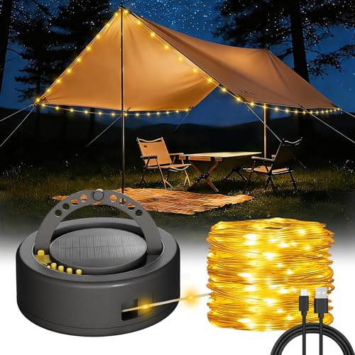 HOMECHOOSE Solar Camping Laterne mit Lichterkette & Powerbank - 10m 100 LED, 5200mAh Akku, 3-in-1-Licht, USB-Telefonladung, für Außen (Warmweiß)
