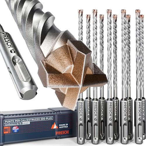 PRESCH SDS plus borrset 6mm (10 st) – Armerad betongborr med 4 hårdmetall skäreggar och plugglängdsindikator – Robust SDS betongborrsats för betong, sten, granit, tegel och murverk