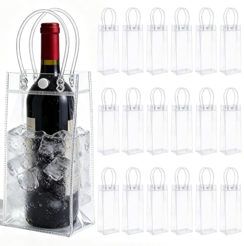 VETOLAKA 18 stycken PVC-ispåsar flaskkylare: flaskkylare ispåse 10 x 25 x 10 cm, transparent champagnekylare, läckagesäker iväska med handtag för kallt öl, vin, drycker, utomhus, camping