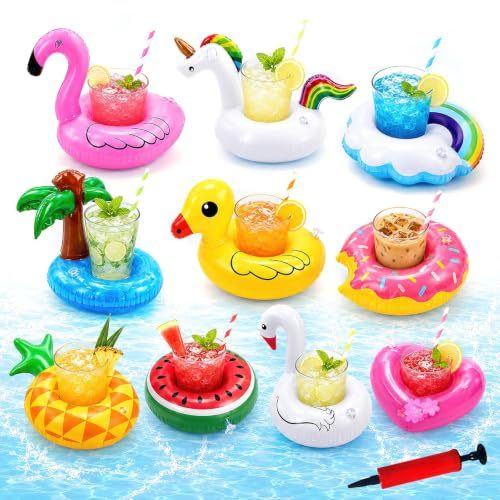Posavasos Piscina 8 Piezas con Bomba, ZoneYan Soporte Inflable para Bebidas | Portavasos Inflable Piscina, Flotador Bebidas Piscina, Porta Bebidas para Piscina Playa Hawaianas Fiesta