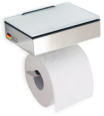 Toilettenpapierhalter mit Feuchttücherbox - Gehäuse Poliert & Abdeckung Glas Weiß - befüllbar von Links - Wandhalterung 2-in-1, Feuchttuchbox & Klopapierhalter aus Edelstahl, Made in Germany
