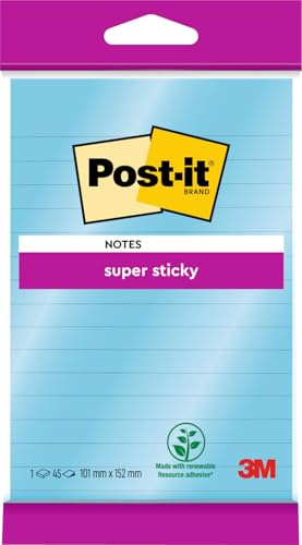 Post-it Super Sticky Large Notes, Lined, 45 Sheets, 1 Pad, 102 mm x 152 mm - Holds Strong to Many Surfaces - Blue - for Walls, Monitors and Fridge, Recycable