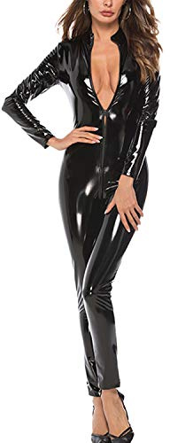 DULEE Women's Wetlook PVC Zipper Catsuit Costume Nightclub Dance Bodysuit Jumpsuit Cosplay Fancy Dress Jumpsuit,Black M