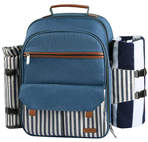 Sunflora Picknick Rucksack Set 4 Personen mit Isoliertem Kühlung und Decke, Picknickkorb 4 Personen für Camping Outdoor (Blau & Streifen)