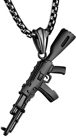 JewelryWe Schmuck Herren Halskette, Edelstahl Armee Gewehr Pistole Waffe Anhänger mit Weizenkette Gold Silber Schwarz