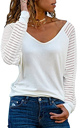 Dokotoo Damen Oberteile Weiß Streifen Mesh Langarmshirt Casual V-Ausschnitt Bluse Shirt Tops X-Large