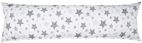 Renforcé Seitenschläferkissen Bezug 40x145cm Sterne mit kreisen (KY-590-1) | Schwarz, Grau - 100% Baumwolle, Kissenhülle, Kissenbezug, Reißverschluss auf der langen Seite