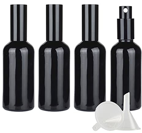 ZEOABSY 4 Stück 100ml Glänz Schwarz Glas Sprühflaschen & 1 Stück Trichter, 100 ml Leer Glas Nachfüllbar Zerstäuber Sprayflasche Reisen Heim Parfumzerstäuber