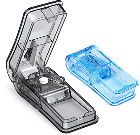 Opret Tablettenteiler für Große und Kleine Tabletten 2 Stück, Tablettenschneider Pillenteiler Pillenschneider Medikamententeiler Tablettenteiler Exakt in ein Halbes Vierteln Schneiden Blau und Schwarz