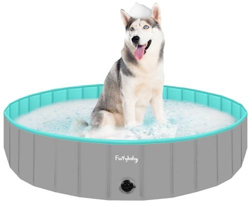 furrybaby Dog Paddling Pool Large XL, Foldable Dog Pool Paddling Pool for Dogs, Puppy Pool for Gardens with PVC, Non-Slip Base & Drain Plug, Grey, 160 x 30 cm