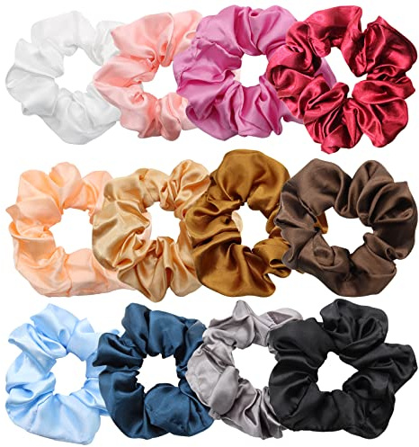 Lot de 12 Chouchou en Soie, Rayyl Elastique Satin Cheveux avec Couleur Différente Chouchou Satin pour Femme ou Filles Accessoires Cheveux
