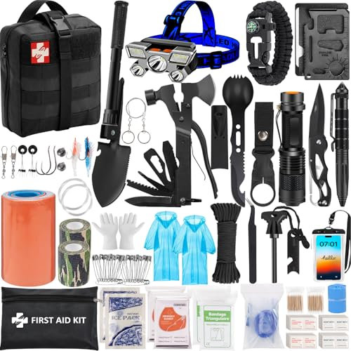 GPUSFAK Notfall-Überlebens-Kit und Erste-Hilfe-Set, Camping Erste Hilfe Überlebens-Kit mit Molle-Tasche für Vorbereitung Outdoor-Abenteuer, Schwarz