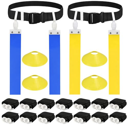 DkOvn Flag Football Belt, 1/10/14pcs Adjustable Flag Football Belt with Belt and Flags, for Kids, Youths, Adults, 14pcs(7 Blue+7 Yellow), One size