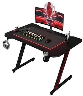 TRIUMPHKEY Gaming Tisch 80 x 52 cm, Gaming Schreibtisch, PC Tisch mit Kopfhörerhaken und Kohlefaserbeschichtung, Ergonomischer Computertisch, Metallgestell, Kohlefaser Schwarz