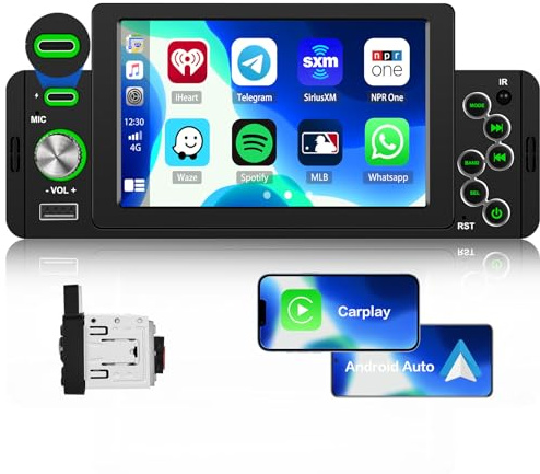Hikity FM Radio Autoradio 1 Din Carplay mit Bildschirm Android Auto Radio mit Bluetooth Freisprecheinrichtung 5 Zoll Touch Display Autoradio mit EQ SWC Type-C/AUX/USB+Rückfahrkamera