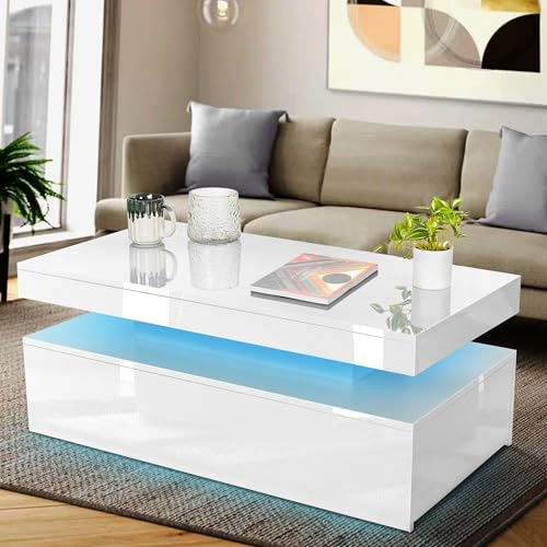Blisswood Led Coffee Table With 2 Drawer Storage, High Gloss Coffee Table For Living Room Wooden Centre Table With RGB Led Lights Rectangle Tea Table For Living Room Furniture (White)