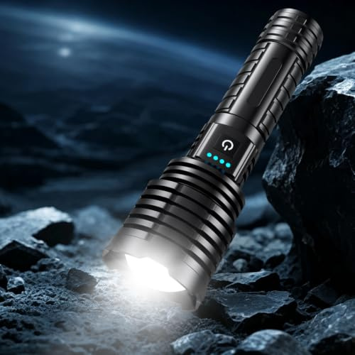 baibian Linternas recargables de alto lúmenes, 100.000 lúmenes, linterna súper brillante, linterna táctica LED impermeable de mano, con zoom, 5 modos, tiempo de funcionamiento de 31 horas, funda para