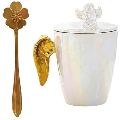 Kreative Engelsflügel-Keramiktasse für Paare mit Deckel, Büro-Milchkaffeetasse, weißer Engel, goldene Flügel + Löffel, 250 ml