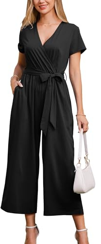 OUGES Summer Jumpsuits for Women UK Black Short Sleeve Casual Jersey Playsuit With Pockets, M