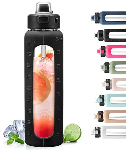 BLUEGO 900ml Glass Water Bottle with Handle and Straw Drinking Hydration Bottle with Silicone Sleeve and Time Marking Motivational Water Bottle for Gym Sports Outdoor Leak-proof,Black