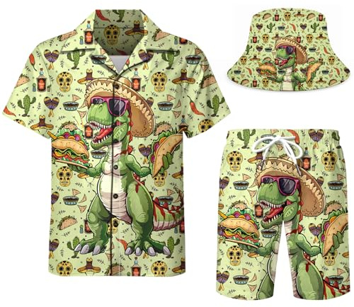 Nosirhoc Chándal de 2 piezas para hombre, camisas hawaianas divertidas para hombre, camisa con botones, pantalones cortos, trajes rave con sombreros de pescador, color 13, Medium