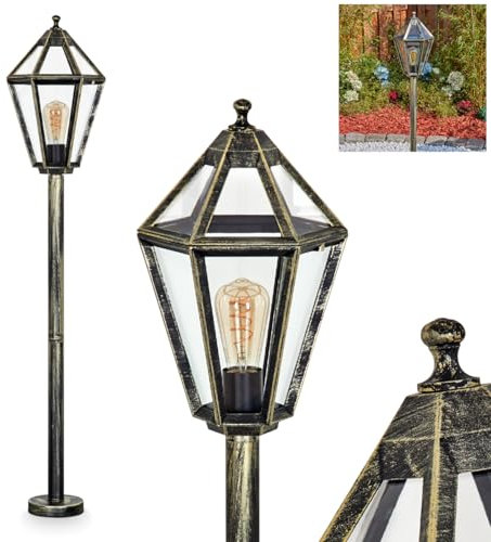 Wegeleuchte Falfosa, Wegelampe aus Metall/Glas in Schwarz/Gold/Klar, Leuchte im Vintage/Antik/Landhaus-Design für Außenbereich/Garten/Terrasse/Wegbeleuchtung, 120,5 cm, E27, IP44