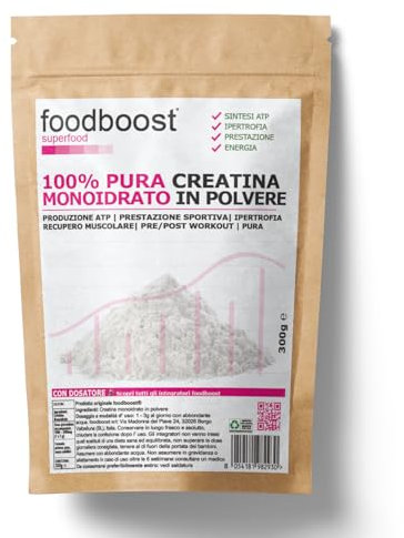 Creatina Monoidrato pura in polvere 1kg foodboost - pure - con dosatore - per performance atletica, massa muscolare, marchio di fiducia italiano, pre workout - 500 DOSI