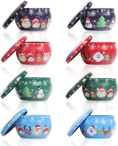 Bougie Pots de Noël, 8 Pot de Bougie Vide, Bougies D'Aromathérapie en Cire de Soja Parfumée Naturelle, Mini Pot en Métal avec Couvercle, Bougies Parfumées Cadeau pour Femme