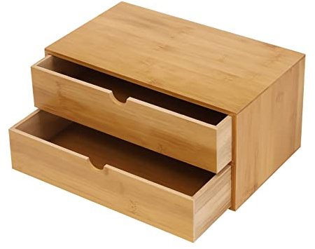 Qussse Schreibtisch Organizer mit Schublade, Holz Aufbewahrungsbox Schubladenbox aus Bambus für Büro Wohnzimmer und Schlafzimmer