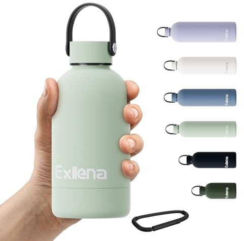 Exllena Petite Gourde Isotherme 350 ml avec Poignée Pratique - Mini Bouteille Isotherme avec Isolation 12h Chaud/24h Froid, Revêtement Anti-Dérapant - Étanche Sans BPA (Vert Sauge)