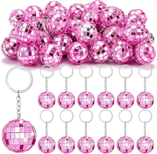 25 portachiavi rosa a forma di palla da discoteca, mini piccoli specchi rosa palla da discoteca portachiavi sfuso bomboniere per feste in discoteca anni '70 e '80 decorazioni
