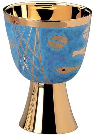 Holyart Cáliz Patena y Copón Molina Contemporáneos Panes y Peces Fondo Azul latón Dorado, CopónAltura cáliz: 16 cm|Diámetro Copa Cáliz: 12 cm|Diámetro píxide: 13.2 cm|Altura píxide: 15.5 cm
