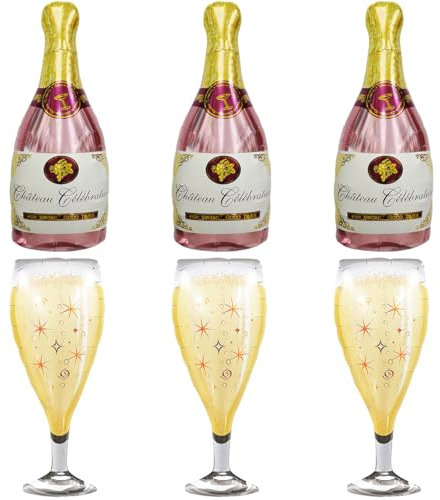 6 Stück,Champagner Folienballon, XXL weinglas flasche luftballons, helium ballons rosegold,Jubiläum,Geburtstag,Urlaub,Hochzeit,bierfestivals,deko (Thema Champagner)