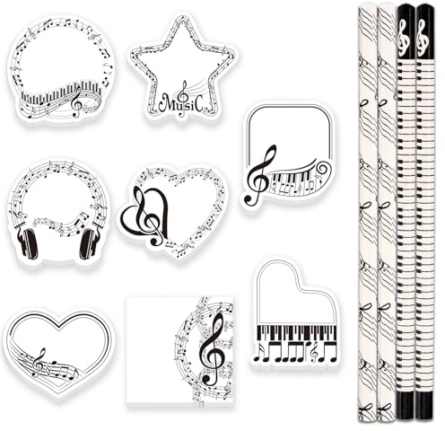 Wisebom 8Pcs Music Themed Sticky Notes with 4Pcs Music Note Pencil, Self-Adhesive Musical Writing Notepads, HB Standard Pencil, Music Stationery for Music Teacher Appreciation Gifts Home Office School