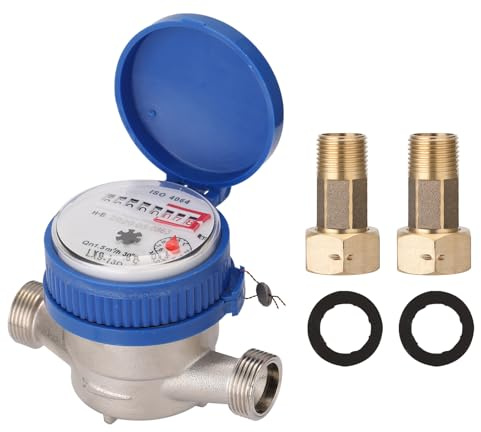 Kadryxon Medidor de agua para jardín de 1/2 pulgadas, calibrado con temporizador de agua fría, contador de grifo con accesorios de montaje y cubierta protectora, contador de agua fría con puntero y