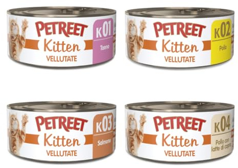 PETREET MIX 12 scatolette KITTEN Vellutate K01 tonno - K02 pollo - K03 salmone - K04 pollo con latte di capra - per gattini fino al primo anno di vita - 12 lattine da 60g